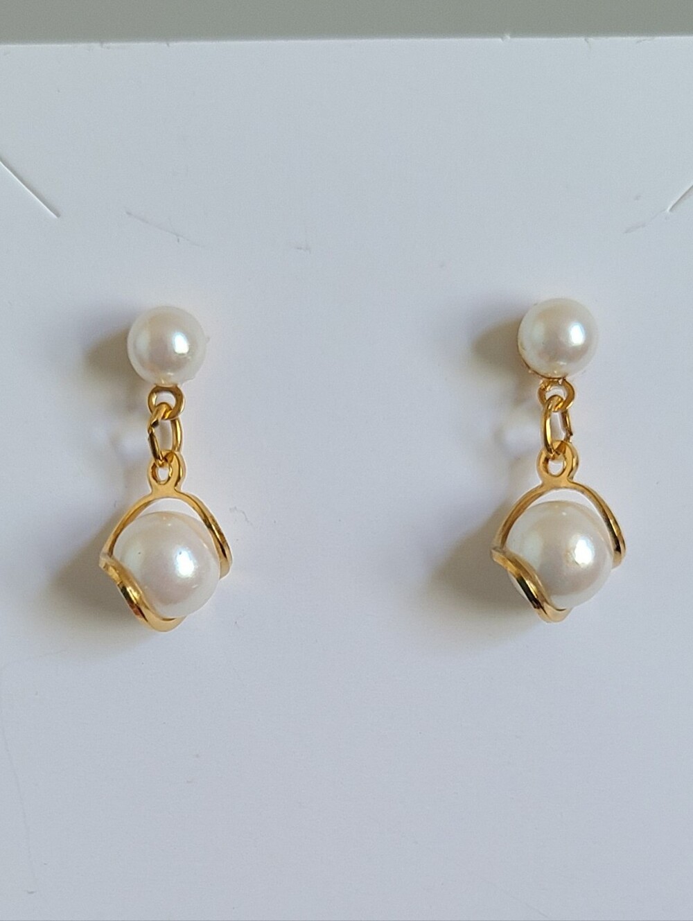 Vintage Boho Evening Gold Tone Stainless Steel Double Pearl Drop Dangle Earrings